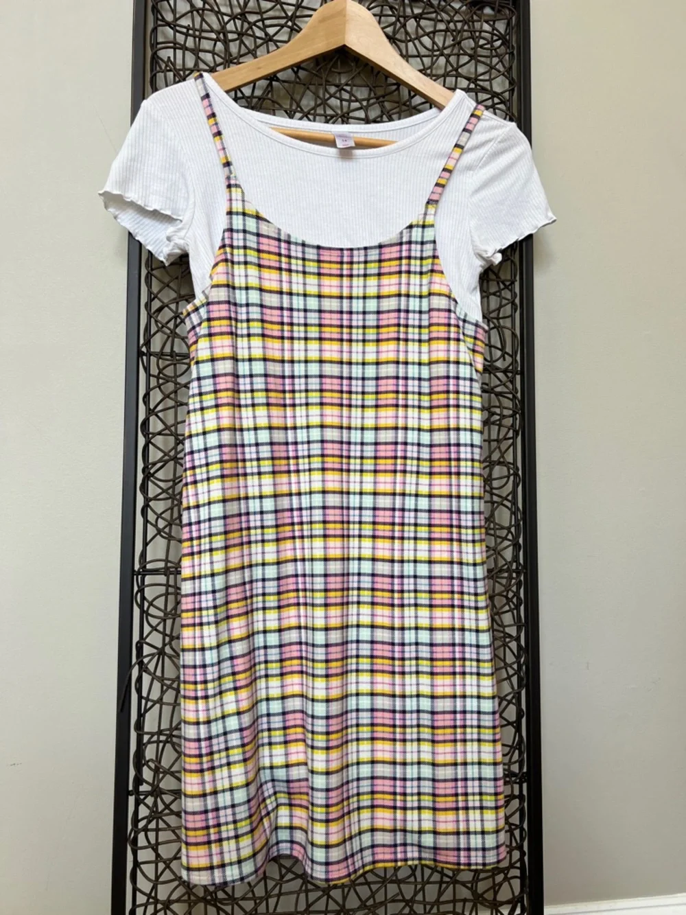 Justice Y2K Plaid Mini Dress+ White Tee Bundle Yellow Pink Green 2 pc Girls 14
